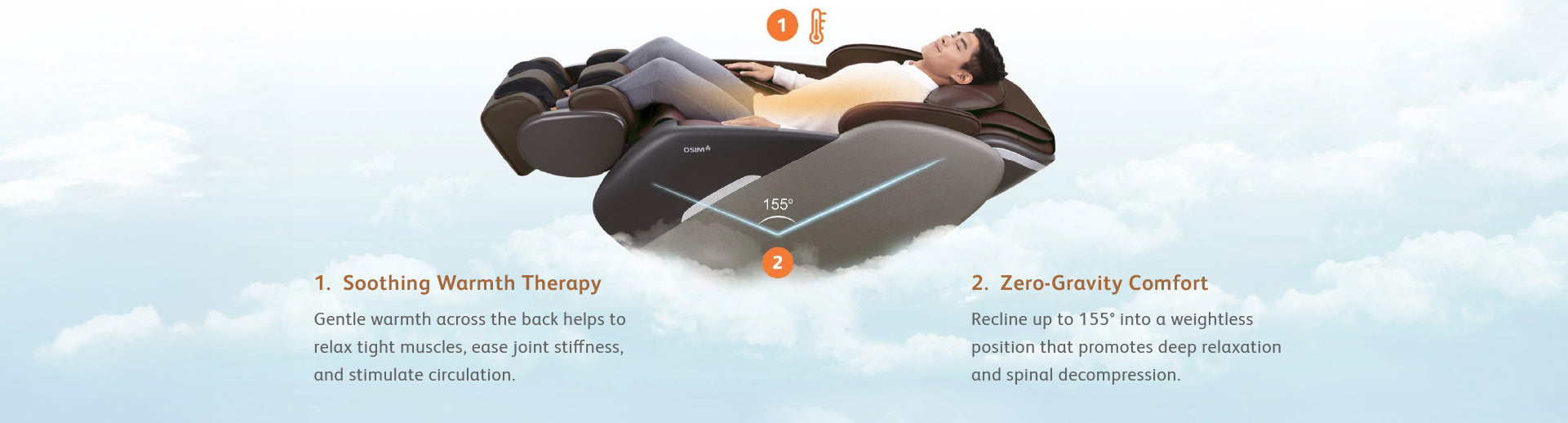 Recline up to 155° into a weightless position that promotes deep relaxation and spinal decompression. Gentle warmth across the back helps to relax tight muscles, ease joint stiffness, and stimulate circulation.